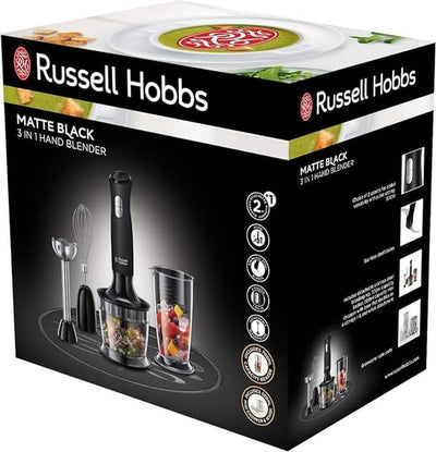 Russell Hobbs Stabmixer [3-in-1: Pürierstab/Zerkleinerer, Mixer- & Schneebesenaufsatz] Matt Schwarz (BPA-freies & spülmaschinenfestes Zubehör, für Smoothie, Suppen Saucen, Joghurt Babynahrung)24702-56