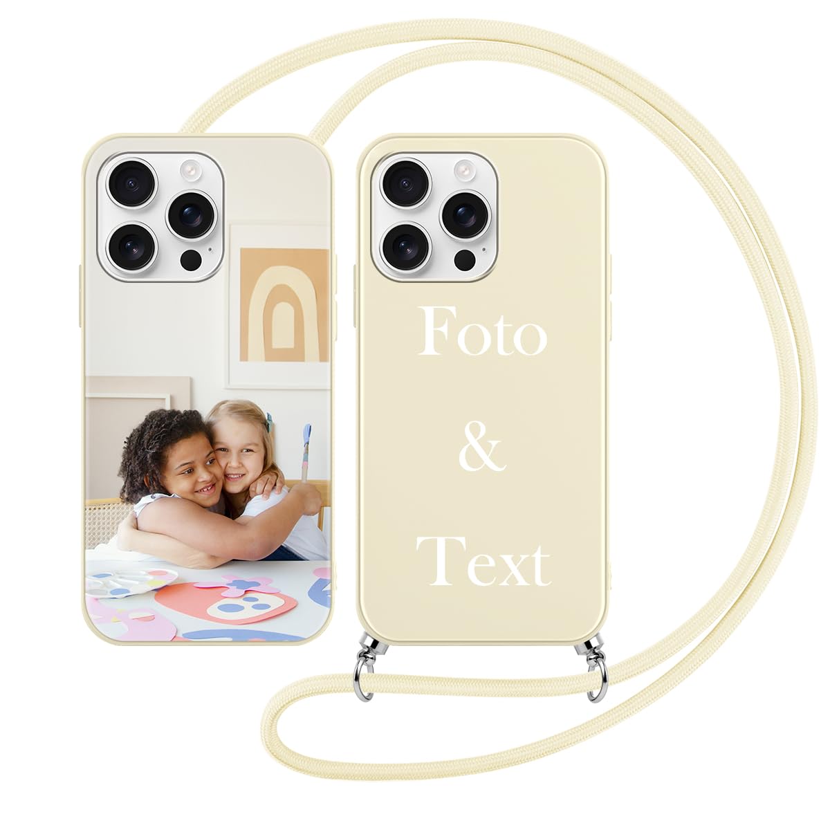 Yoedge Handykette Personalisierte Handyhülle für iPhone 16 Pro Beige Hülle mit Band Kordel 6,3", Selbst Gestalten/personalisiert mit Foto Bild Text Individuelle Schutzhülle Cover für iPhone 16 Pro