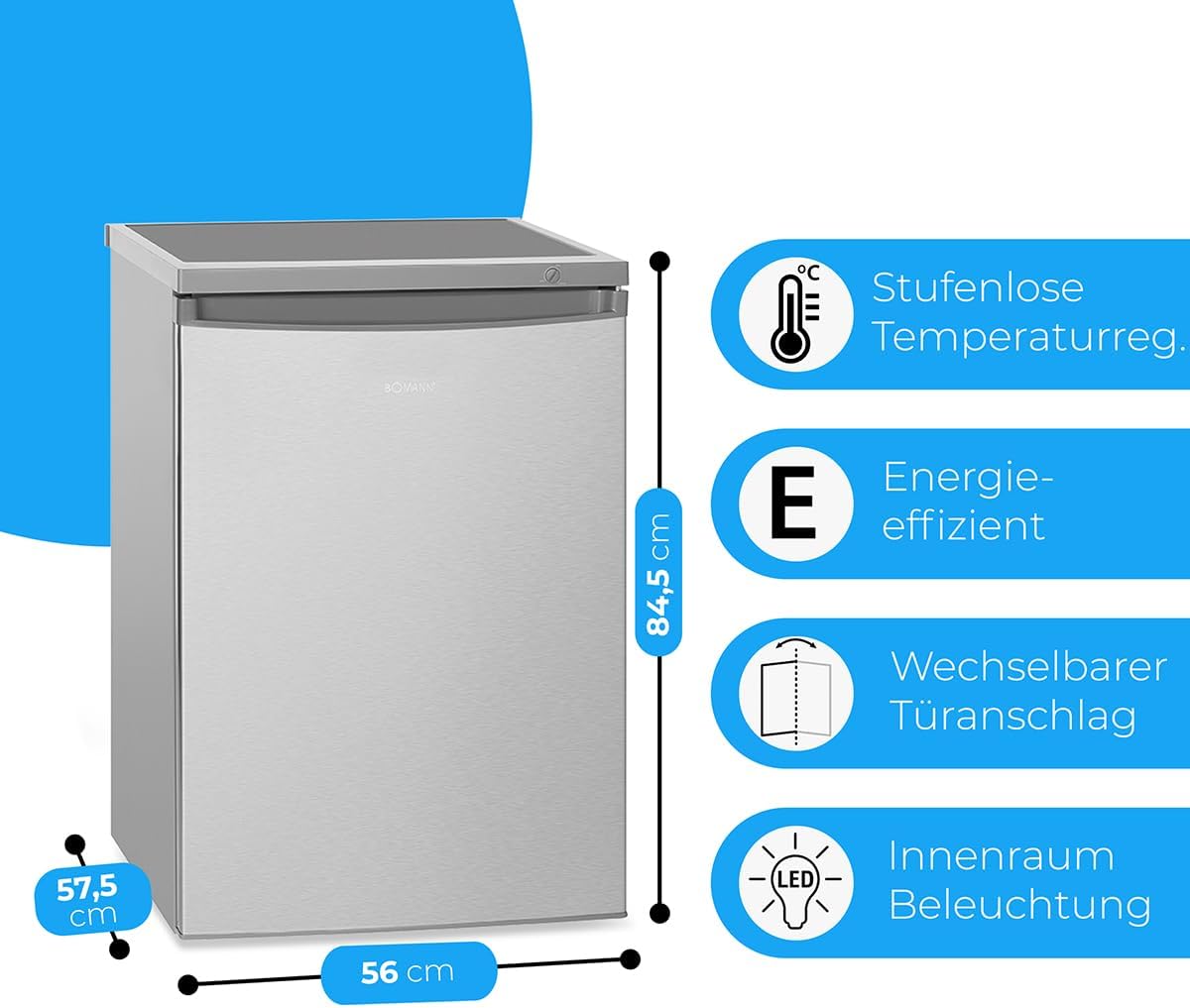 Bomann® Kühlschrank mit Gefrierfach | Kühlschrank klein mit 120L Nutzinhalt | Kühlen 107L & Gefrieren 13L | Fridge mit 3 Türablagen & 2 Glasablagen | wechselbarer Türanschlag | KS 2184.1 inox