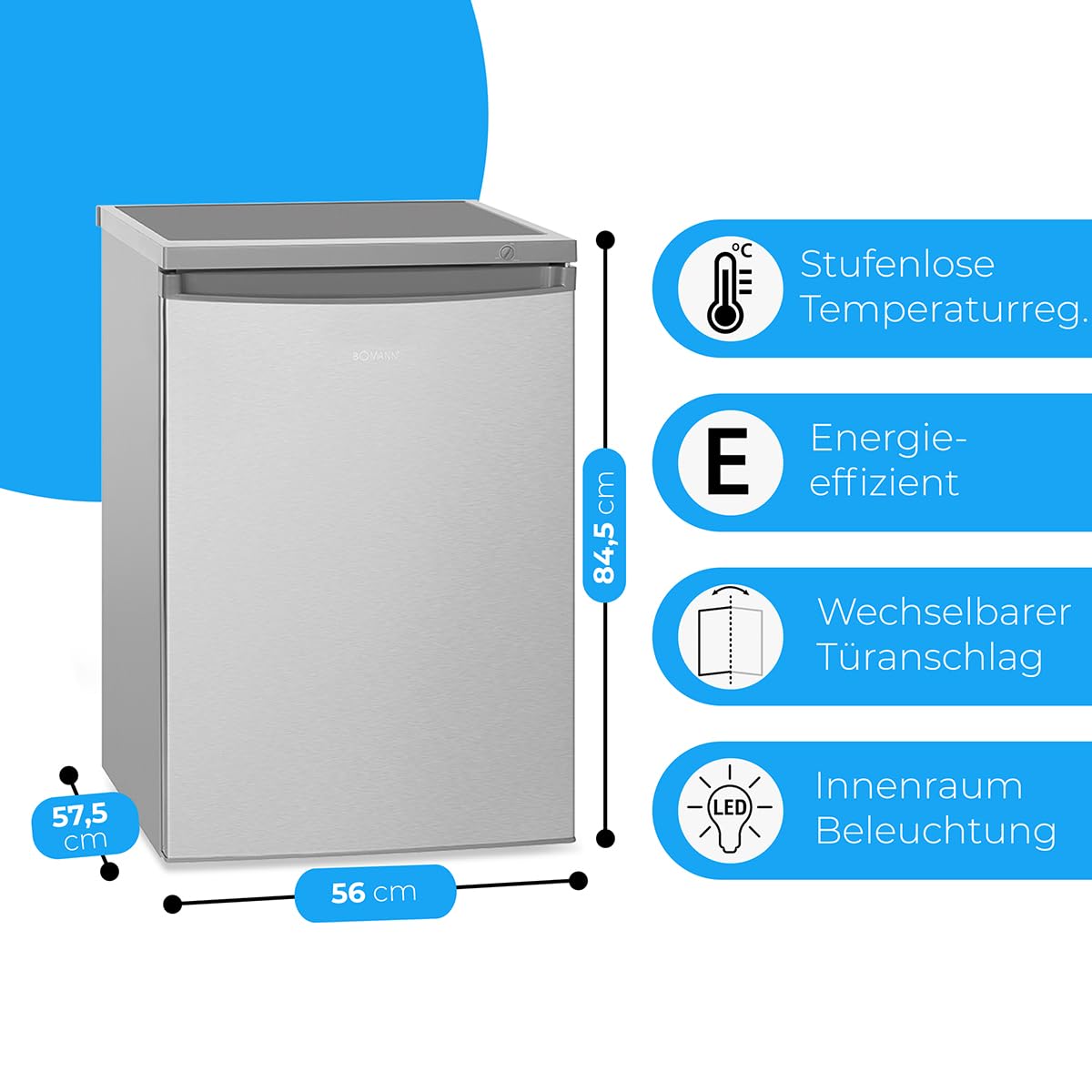 Bomann® Kühlschrank mit Gefrierfach | Kühlschrank klein mit 120L Nutzinhalt | Kühlen 107L & Gefrieren 13L | Fridge mit 3 Türablagen & 2 Glasablagen | wechselbarer Türanschlag | KS 2184.1 inox