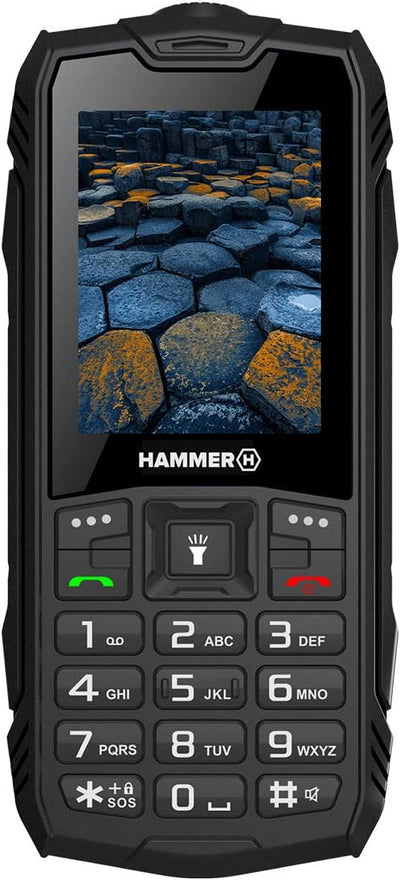 Hammer H Basalt Outdoor Handy ohne Vertrag, 2.4 Zoll Farbdisplay, Robust, Mega Batterie 1800 mAh, Wasserdicht (IP68), Stoßfest, Baustellen Tasten, Taschenlampe, Dual SIM, Tastenhandy - Schwartz