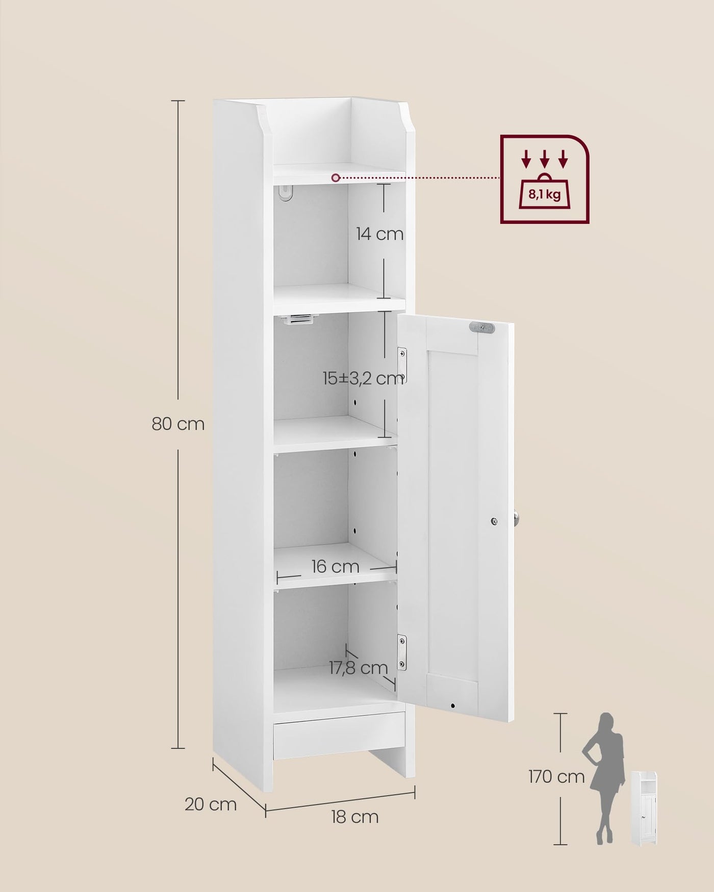 VASAGLE Toilettenschrank, Badezimmerschrank, Badschrank, schmales Badregal, verstellbare Ablagen, platzsparend, einfache Montage, weiß BBC310W01