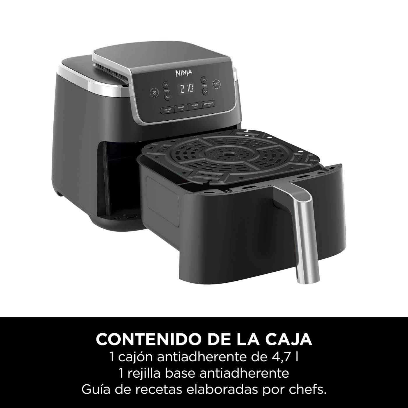 Ninja PRO Air Fryer Heißluftfritteuse, 4,7L Airfryer, Einzelkorb-Heißluftfritteuse, 4-in-1, für 1-2 Portionen, Digital, Kochen aus dem Gefrorenen, Antihaft-Schublade & Crisper Korb, Schwarz AF140EU