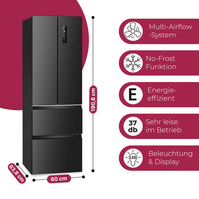 Bomann® French Door Kühlschrank No Frost | Kühl-Gefrier-Kombinationen mit Total No Frost | Kühlschrank mit Gefrierfach 400L | Side by Side Kühlschrank mit MultiAirflow-System | KG 7354 schwarz-inox