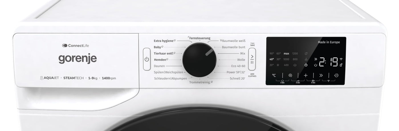 Gorenje WPNEI94DA1TS Waschmachine mit Dampffunktion/ConnectLife / 9Kg / 1400 U/min / 15 Programme/Totaler AquaStop/WaveActive Trommel/ExtraHygiene/PowerWash/Schnell Waschgang/EEK: A-10%