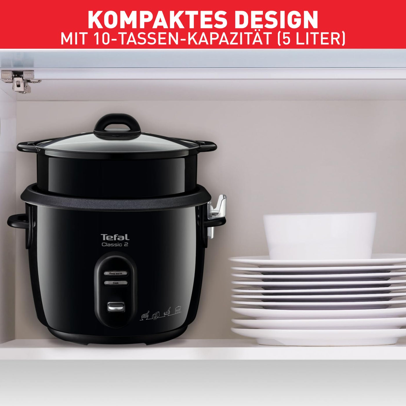 Tefal New Classic Reiskocher RK1038 | automatische Programme | Warmhaltefunktion | 5L Fassungsvermögen | Dampfgarfunktion | schwarz-metallic