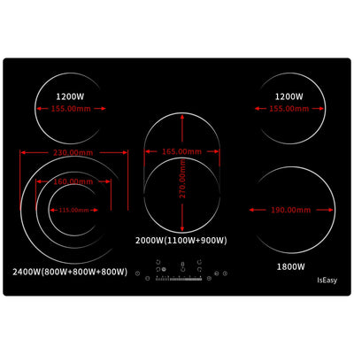 Glaskeramikkochfeld, IsEasy Kochfelder, 77cm, 8600W, 5 Kochzonen, 2400W/2000W/1800W/1200W, Verdrahtung, Einbau Keramikkochfeld, 9 Heizstufen, Automatische Abschaltung, Restwärmeanzeige