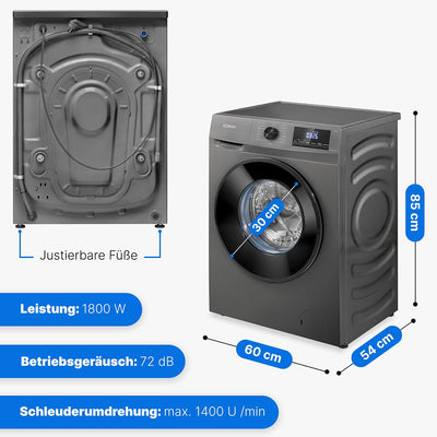 Bomann® Waschmaschine 8kg | max. 1400 U/min | 10 Jahre Motor-Garantie | robuster, leiser & langlebiger Invertermotor | 15 Waschprogramme | LED-Display | mit Dampffunkt. | WA 7185 Titan - Schwarz