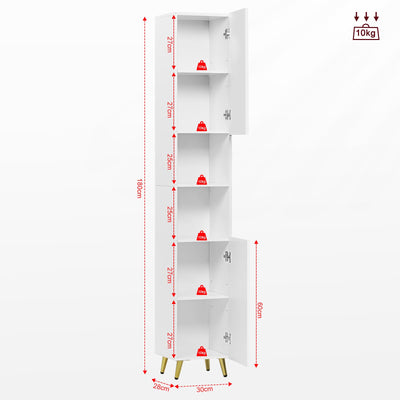 eSituro Badezimmer Hochschrank, Badezimmerschrank Badschrank mit 2 Türen 2 offenen Fächern, Badmöbel mit verstellbaren Einlegeböden, Weiß, 30x180x28 cm