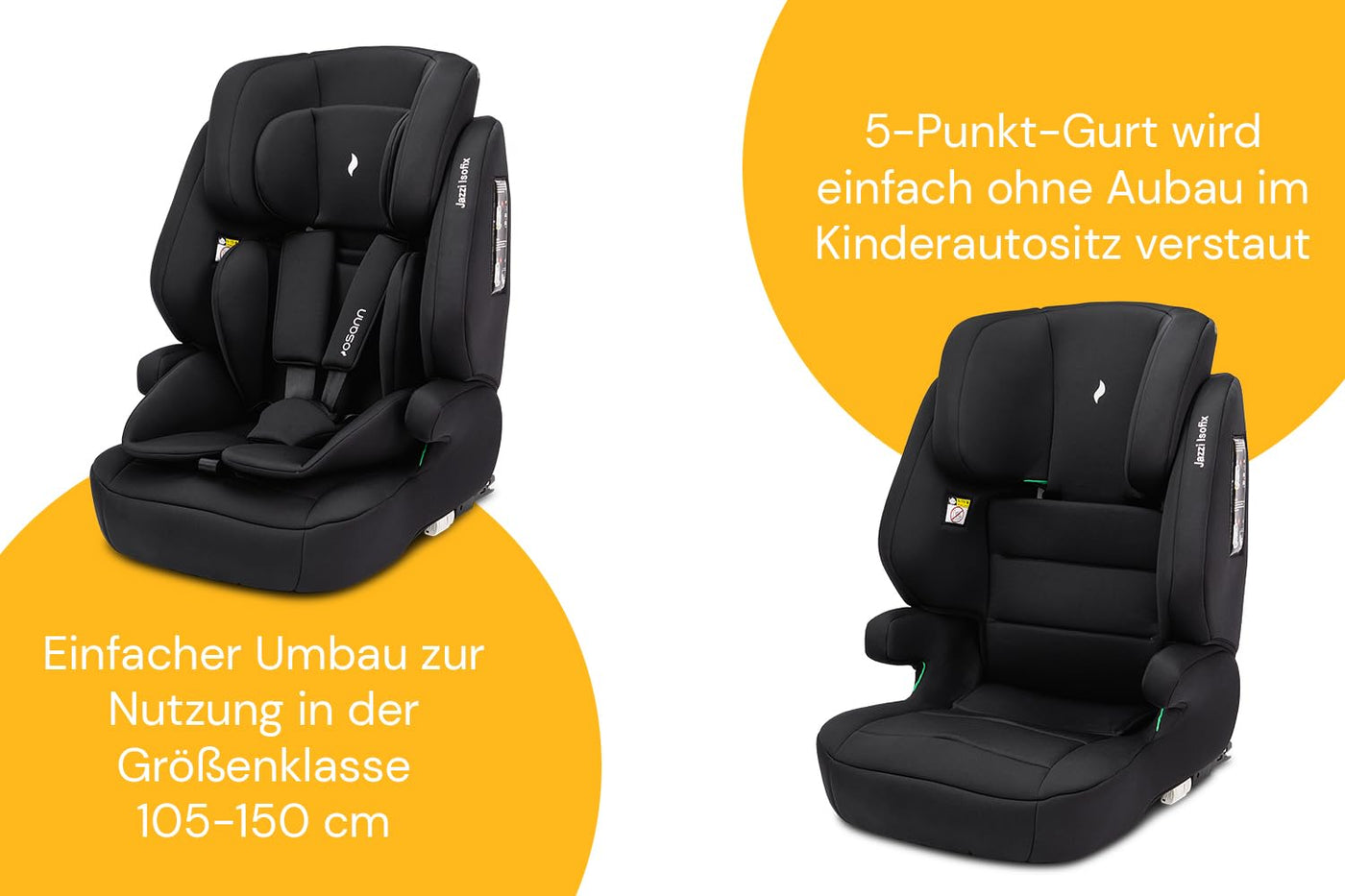 Osann Jazzi Isofix, Kindersitz mit Isofix ab 1 Jahr, Autositz von 76 bis 150 cm, i-Size mitwachsend - Black