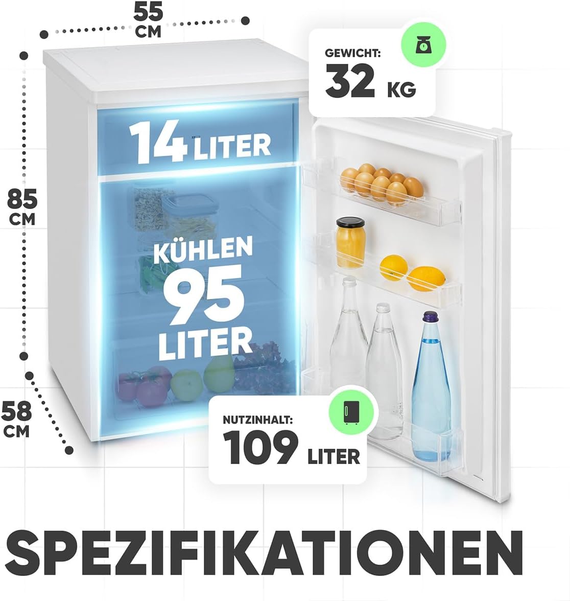 Bomann® Kühlschrank mit Gefrierfach klein | Kühlschrank 2 Ablagen | leise | mit 4-Sterne Gefrierfach | Kühlschrank klein mit Obst- und Gemüsefach | Türanschlag wechselbar | KS 7251 weiß