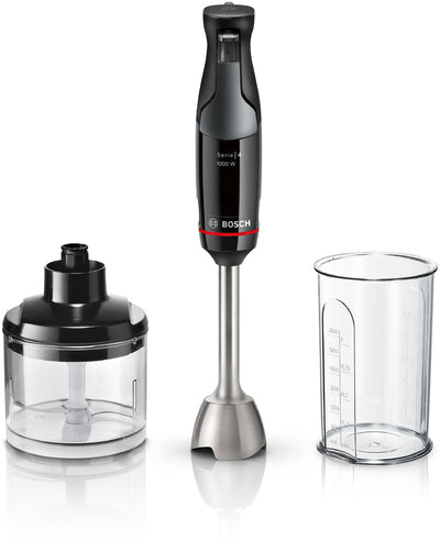 Bosch Stabmixer ErgoMaster Serie 4, 1000 Watt, Edelstahl-Mixstab, Zerkleinerer, Mix-/Messbecher, schwarz