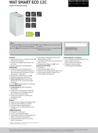 Bauknecht WAT Smart Eco 12C Toplader-Waschmaschine/6 kg/1200 UpM/Kurz30'/FreshFinish/Intensivspülen/Mehrfachwasserschutz+/Energy Saver/Wolleprogramm/Startzeitvorwahl/Universal