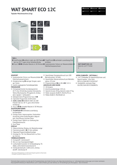 Bauknecht WAT Smart Eco 12C Toplader-Waschmaschine/6 kg/1200 UpM/Kurz30'/FreshFinish/Intensivspülen/Mehrfachwasserschutz+/Energy Saver/Wolleprogramm/Startzeitvorwahl/Universal