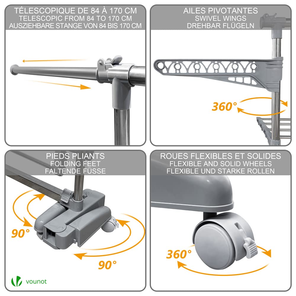 VOUNOT Wäscheständer Turm für Innen, Platzsparender Turmwäscheständer mit Faltbaren Flügeln, Teleskopstange und Rollen, 23m Trockenlänge, 3 Ebenen