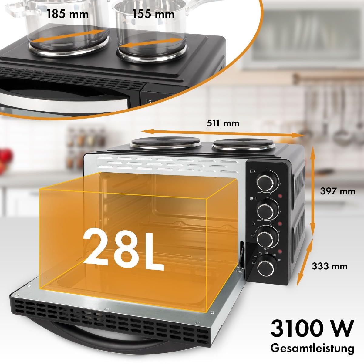 Clatronic® Mini-Backofen mit Kochplatten und Drehspieß | gleichzeitig kochen u. backen | Minibackofen 28L Umluft Ober-/Unterhitze 100°-230°C | Elektrischer Mini Ofen 3100 Watt inkl. Zubehör | KK 3786