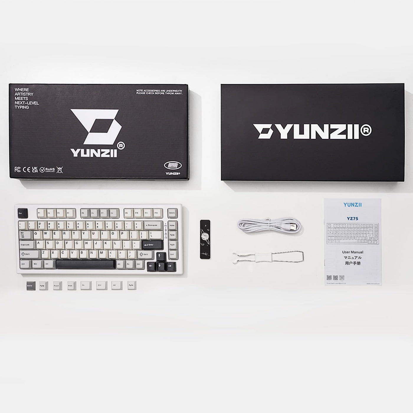 Clavier mécanique de jeu sans fil YUNZII YZ75 75 % remplaçable à chaud, rétroéclairage RVB, BT5.0/2.4G/USB-C, touches PBT à double injection pour Linux/Win/Mac (Gateron G Pro marron, blanc)