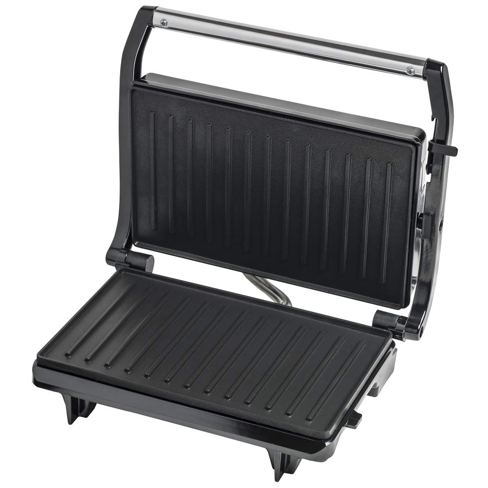 Bestron elektrischer Kontaktgrill mit Auffangschale, Sandwichmaker mit Cool-Touch-Handgriff, Paninimaker mit Antihaftbeschichtung, 700 Watt, APM123Z, Farbe: Schwarz, 22,5 x 14 cm