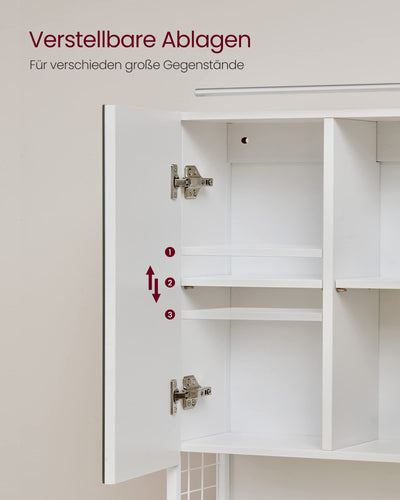 VASAGLE Badezimmerschrank mit 3 Türen, Spiegelschrank, Wandschrank, Steckdosen, Hängekorb, Haartrockner-Halter, viel Stauraum, für Badezimmer, Waschbecken, wolkenweiß BBK124W14