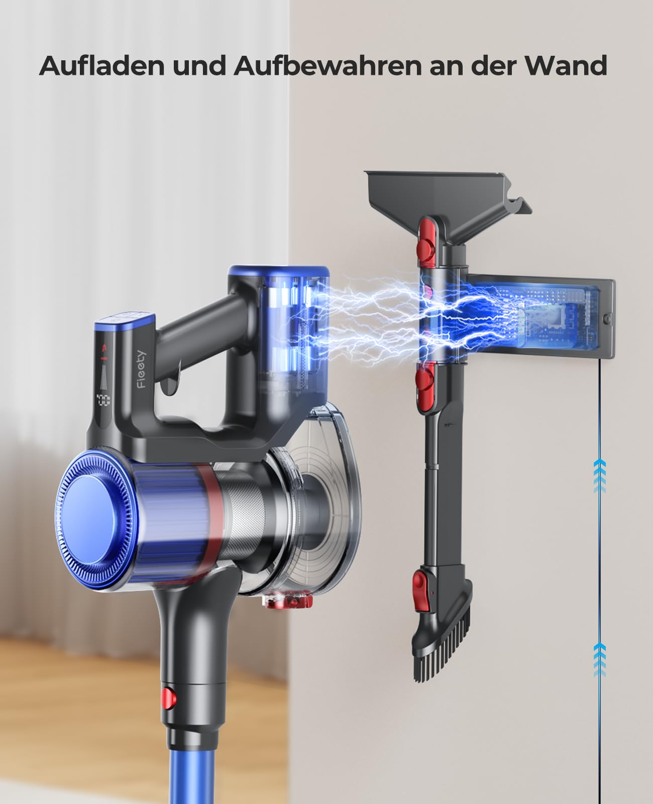 Fieety Akku Staubsauger, 550W/45KPa kabelloser Staubsauger, 60 Minuten Laufzeit, mit Aufstellfunktion, eingebauten Duftpads, Wandhalterung mit integrierter Ladestation/Anti-Haarbürste/mit Sofabürste