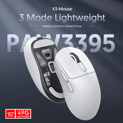 ATTACK SHARK X3 49g Ultralight Mouse, PixArt PAW3395 Gaming Sensor, BT/2.4G Wireless/Wired Gaming Mouse, 26000 DPI, 200 Hours Battery, Office Mice for Win11/Xbox/PS/Mac (White)