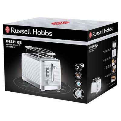 Grille-pain Russell Hobbs [pour 2 tranches] Inspire Blanc avec structure brillante de haute qualité (fentes de toast extra larges, y compris grille à pain, 6 niveaux de brunissage + fonction décongélation et réchauffage) 24370-56