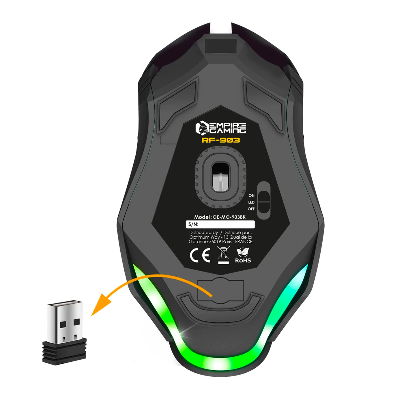 EMPIRE GAMING - RF903 Gaming-Maus, Kabellos 2,4GHz Wireless Wiederaufladbar – LED-Hintergrundbeleuchtung RGB – Ergonomisch – 4800 DPI 500 Hz – PS4,PS5,XboxOne/Series,PC und Mac – Schwarz