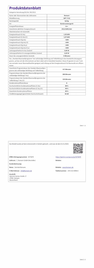 Bomann® Wärmepumpentrockner 8kg | kein Wasseranschluss nötig | Trockner m. Antiknitterfunktion | Wäschetrockner 15 Programme | Kondenstrockner | umweltfreundliches Kühlmittel R290 | WPT 7153 titan