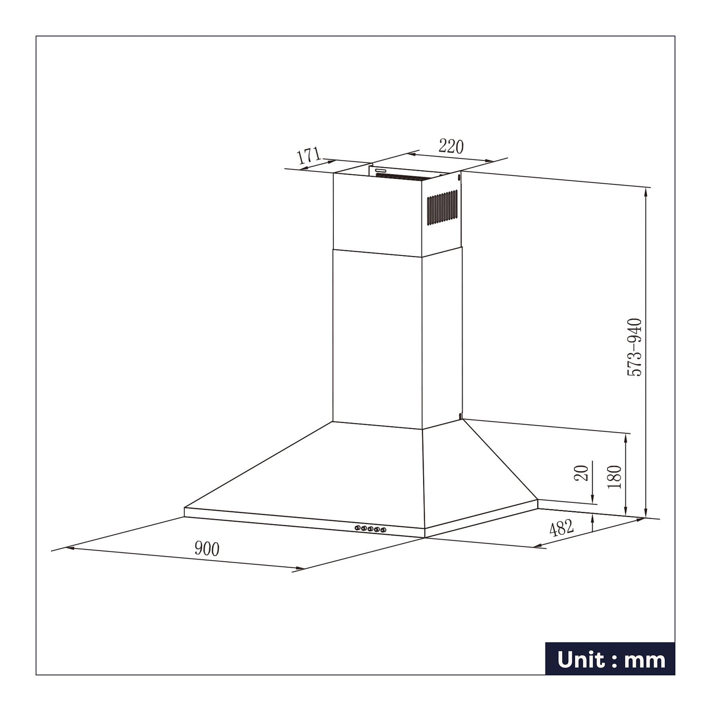 CIARRA Dunstabzugshaube 90 cm Umluft Abluft Pyramide Abzugshaube Typ aus Edelstahl Silber, CAS9201A