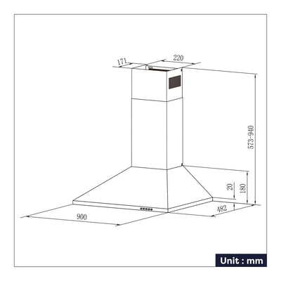 CIARRA Dunstabzugshaube 90 cm Umluft Abluft Pyramide Abzugshaube Typ aus Edelstahl Silber, CAS9201A