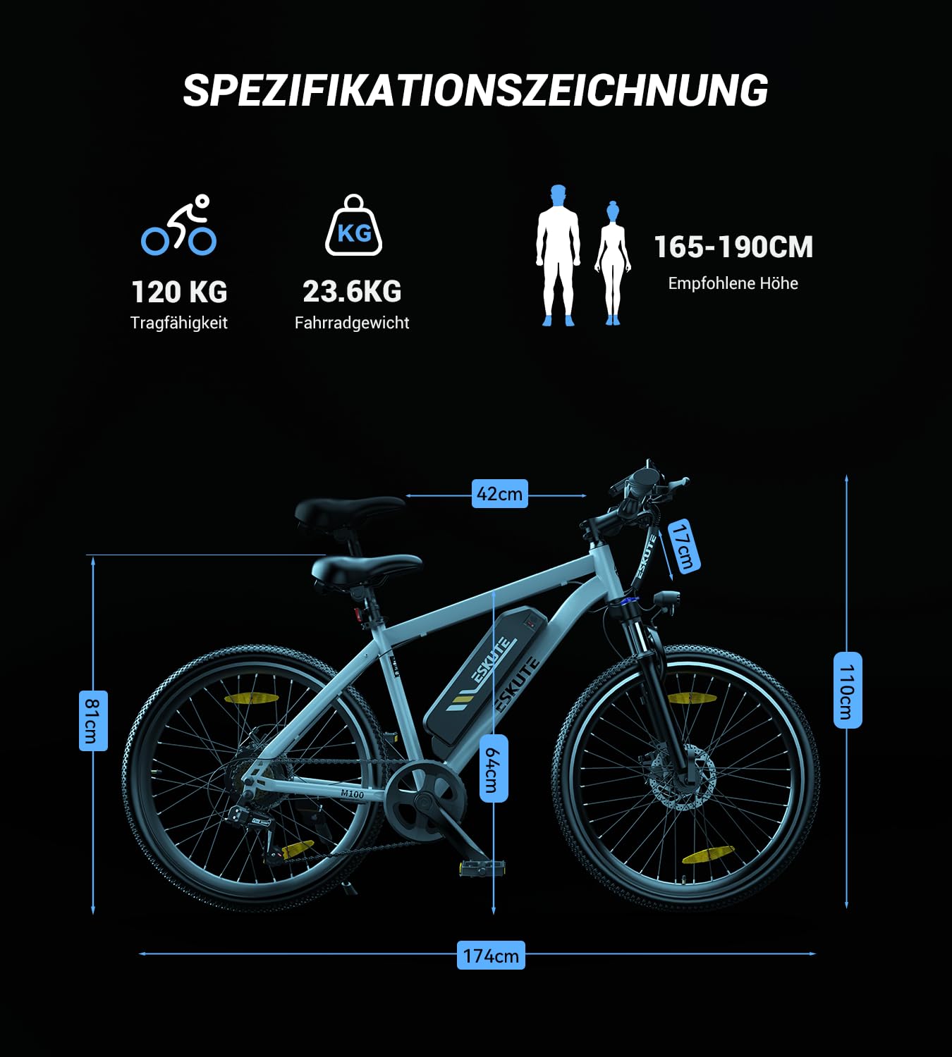 ESKUTE M100 E Bike für Herren Damen, 27.5 Zoll E-Mountainbike Abnehmbarer 36V 10.4Ah Akku,7-Gang Pro, Elektrofahrrad Reichweite Max 60km, 250W Electric Bike mit LED Display, EU-Konformes, Silber