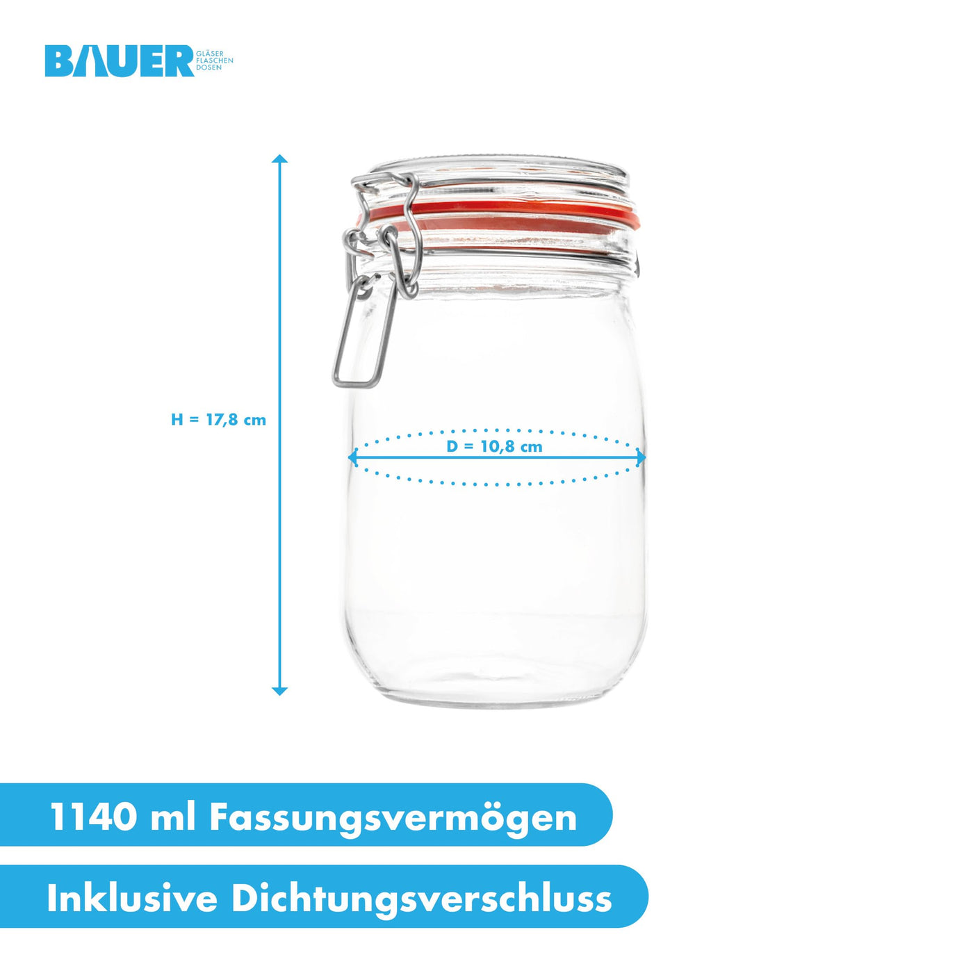 Flaschenbauer - 6-teiliges Set Drahtbügel-Vorratsgläser 1140ml, geeignet als Einmach- und Fermentierglas, zur Aufbewahrung, zum Befüllen, inklusive Etiketten, Gläser mit Drahtbügel - Made in Germany