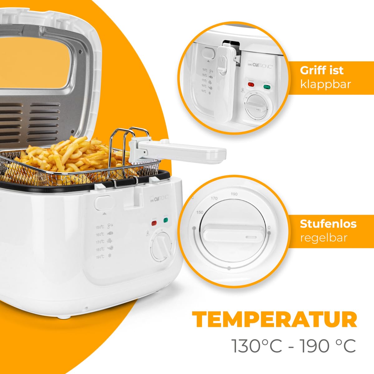 Clatronic® Fritteuse mit 2,5L Kapazität | Friteuse mit Fett | Friteuse Öl mit Geruchs- und Fettdunstfilter & Antihaft-Ölbehälter | Stufenlos regelbarer Thermostat | Fritteuse mit Öl - FR 3771