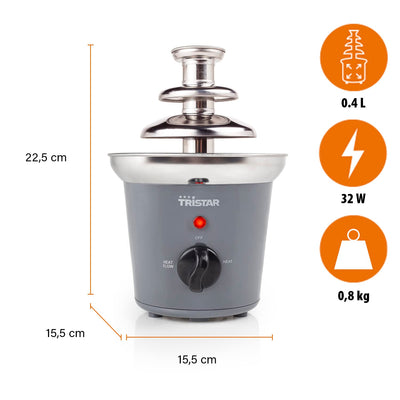 Tristar Edelstahl Schokobrunnen - 3 Ebenen, 0,4 Liter, Warmhaltefunktion, 32 Watt, CF-1603, Metallic