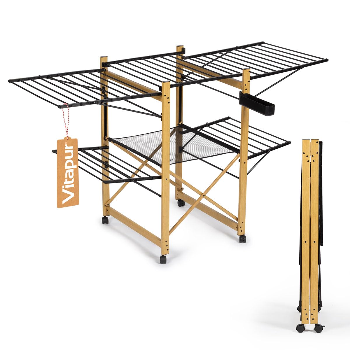 Vitapur Wäscheständer AirPrestige PRO, Ausziehbar, Klappbar, Wäschetrockner mit Mesh-Einsatz, 4 Seitliche Flügel, 4 Rollen mit Feststellbremse, XXL Plus Rack für Balkon