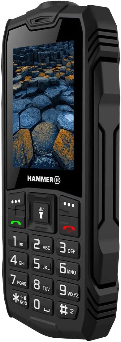 Hammer H Basalt Outdoor Handy ohne Vertrag, 2.4 Zoll Farbdisplay, Robust, Mega Batterie 1800 mAh, Wasserdicht (IP68), Stoßfest, Baustellen Tasten, Taschenlampe, Dual SIM, Tastenhandy - Schwartz