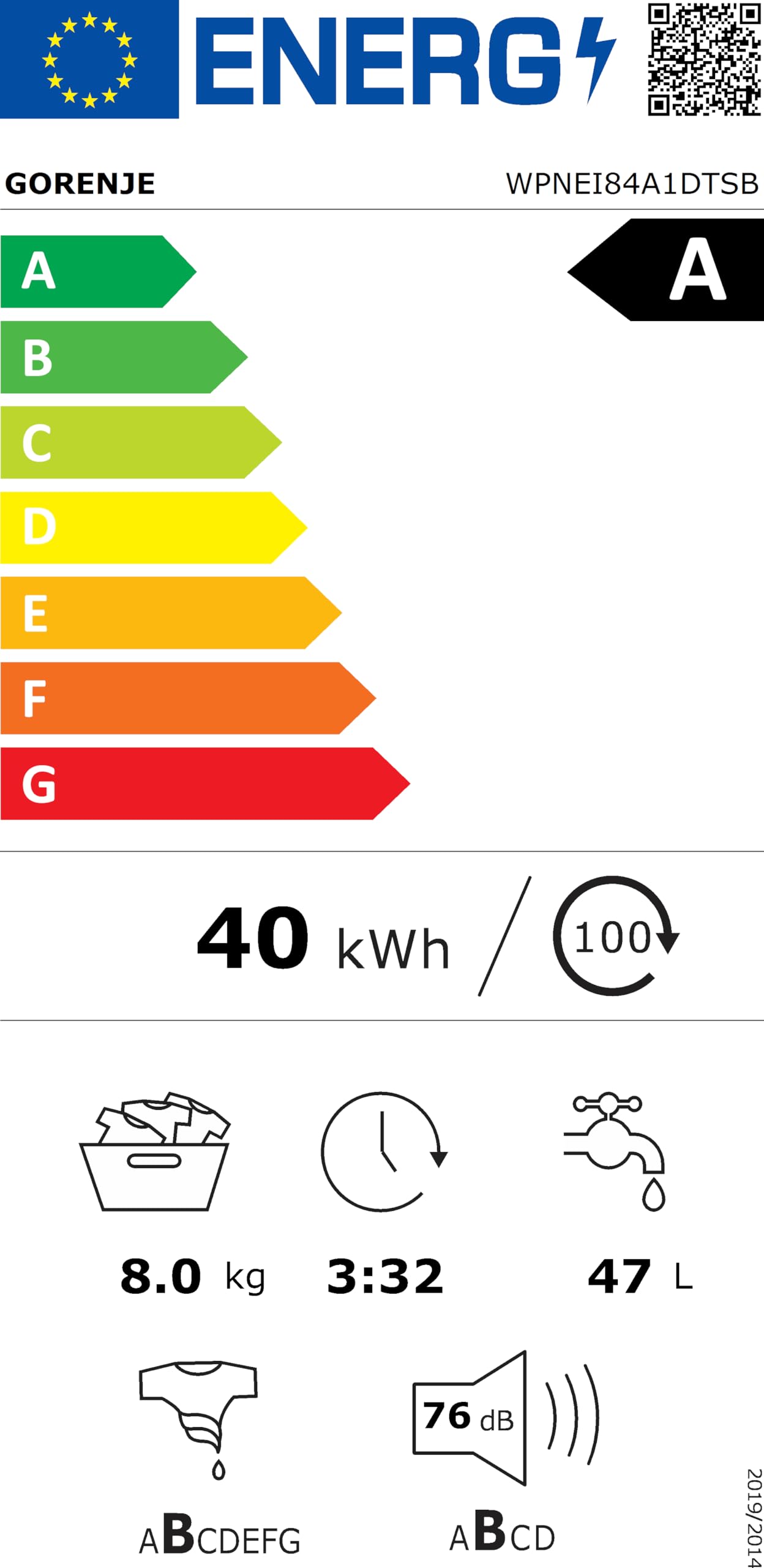 Gorenje WPNEI84A1DTSB Waschmaschine mit Dampffunktion/ConnectLife / 8Kg / 1400 U/min / 15 Programme/Totaler AquaStop/Wave Active Trommel/ExtraHygiene/PowerWash/Schnell Waschgang/EEK: A-10%