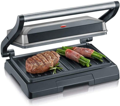 SEVERIN Kontaktgrill für Sandwiches, Steak und als Panini Grill, antihaftbeschichteter Sandwich Maker für fettfreies Grillen, 800 W, metallic grau/schwarz, KG 2394