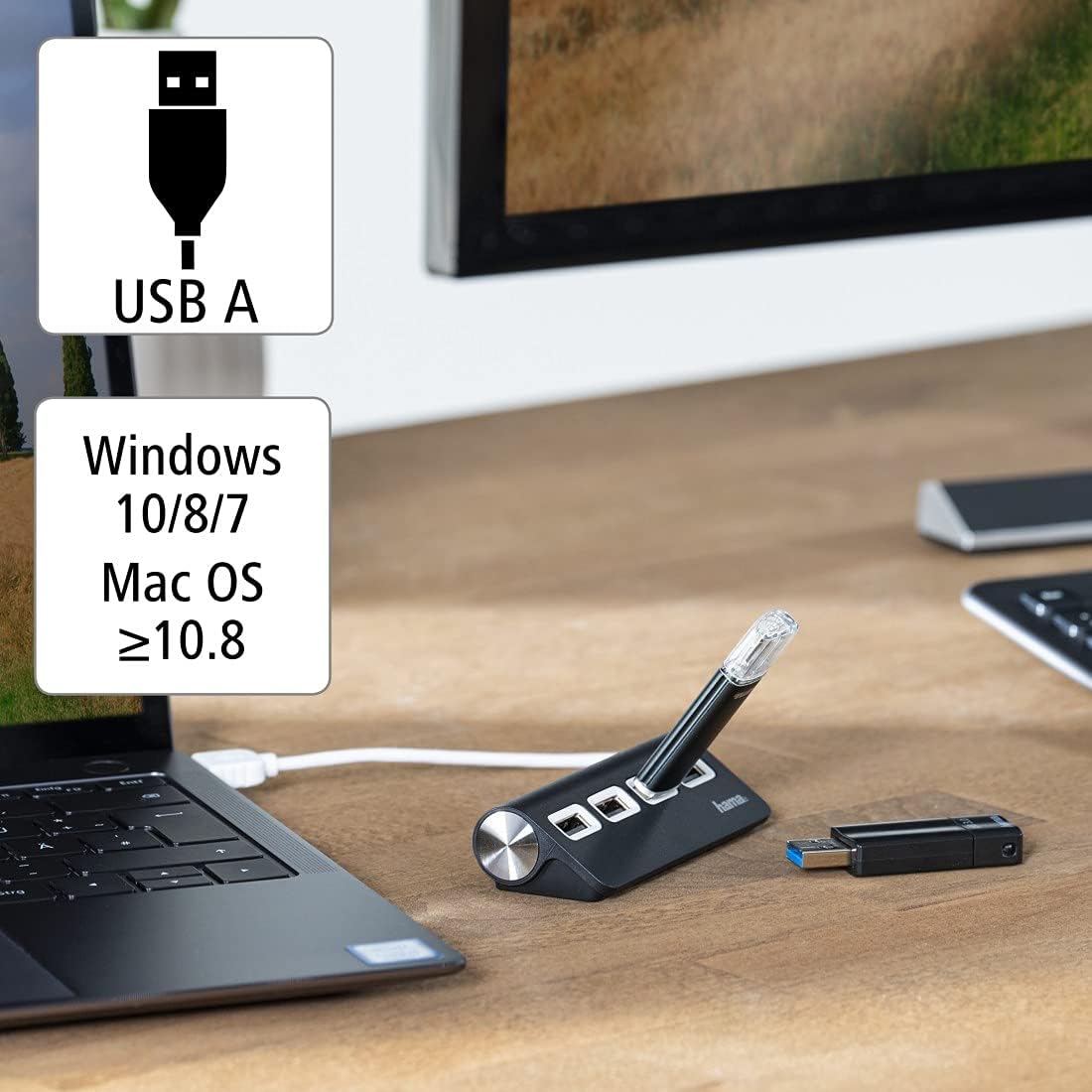 Hama USB Hub 4 Ports (High-Speed Datenübertragung, 4x USB-A für Maus, USB-Stick, USB-Dongle, externe HDD, SSD, usw. Multiport Adapter, USB Adapter 4in1 für Büro, Homeoffice und unterwegs) schwarz