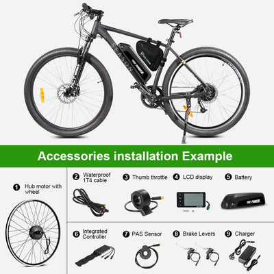 Kit de conversion de vélo électrique YOSE POWER 36V250W 26" Kit de conversion de vélo électrique moteur arrière 26'' pour cassette à pignon avec contrôleur intégré Batterie 36V13Ah