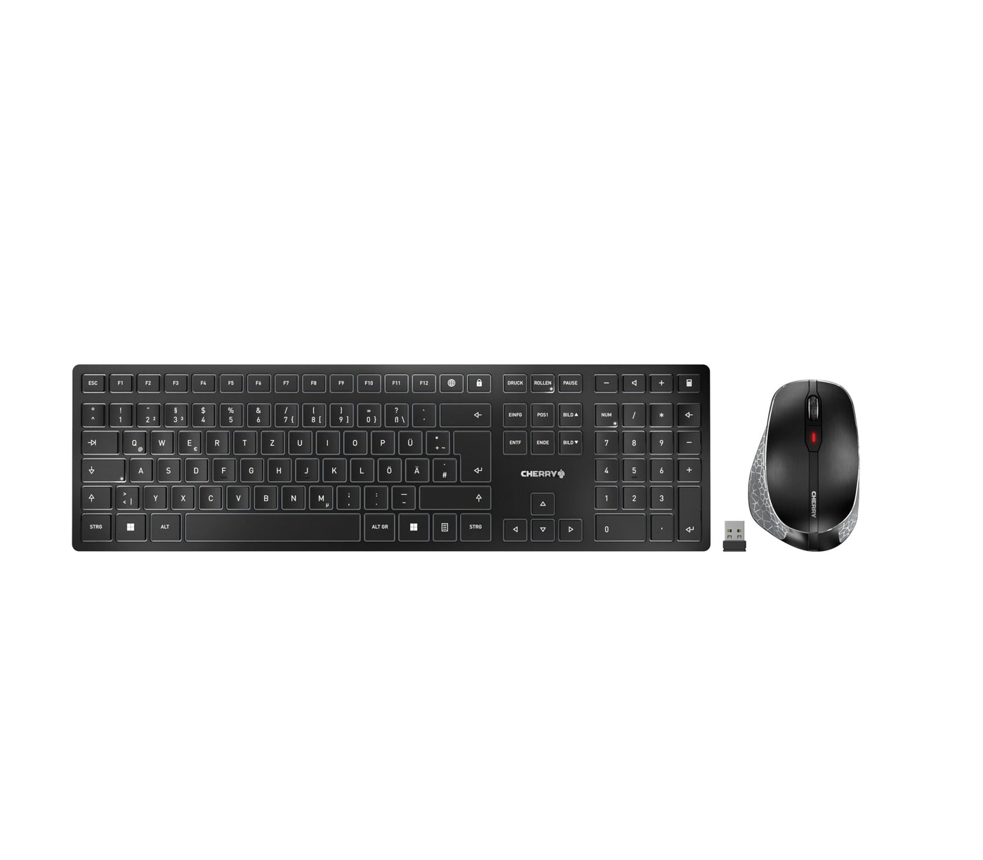 CHERRY DW 9500 SLIM, Kabelloses Tastatur- und Maus-Set, Deutsches Layout (QWERTZ), Bluetooth oder 2,4 GHz Funk, Ergonomische Rechtshändermaus, Schwarz-Grau