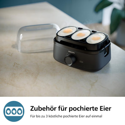 Philips Eierkocher 3000-Serie, Familiengröße, bis zu 6 Eier (weich, mittel, hart, pochiert), Leicht zu reinigen, Zubehör Pochierschale und Eierstecher, 400 W Leistung, Kompaktes Design (HD9137/90)