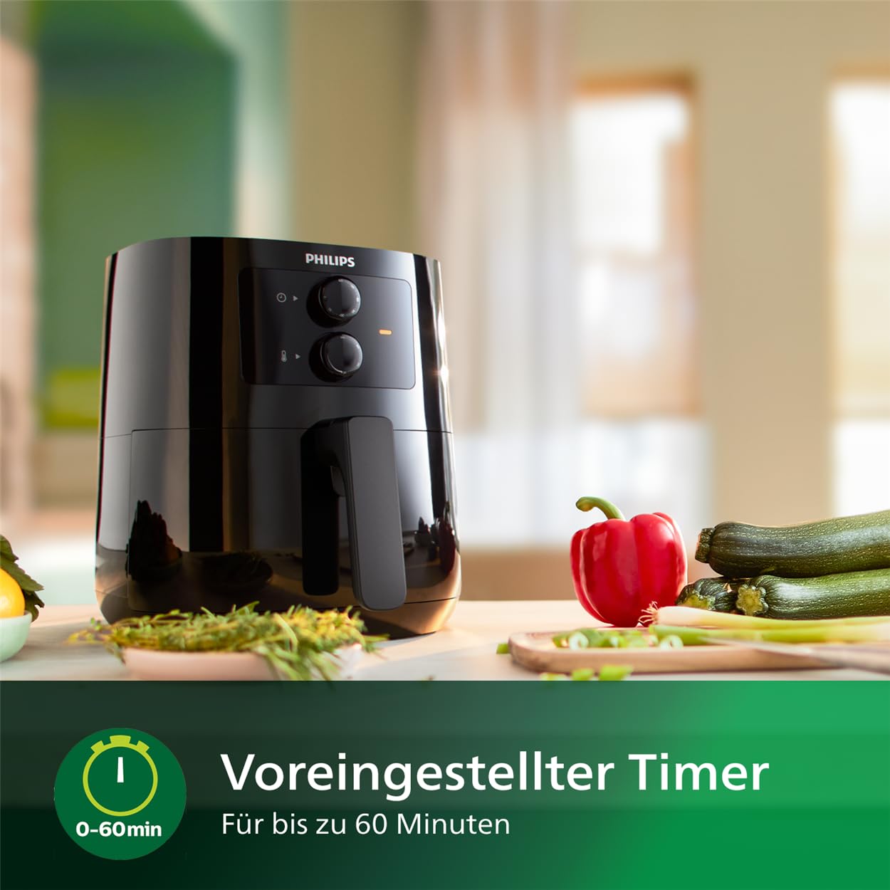 Philips Essential Airfryer Heissluftfriteuse - 4,1-Liter-Pfanne, Fritteuse Ohne Öl, Rapid Air Technologie, HomeID-App, Zeit- Und Temperaturkontrolle, Schwarz (HD9200/90)