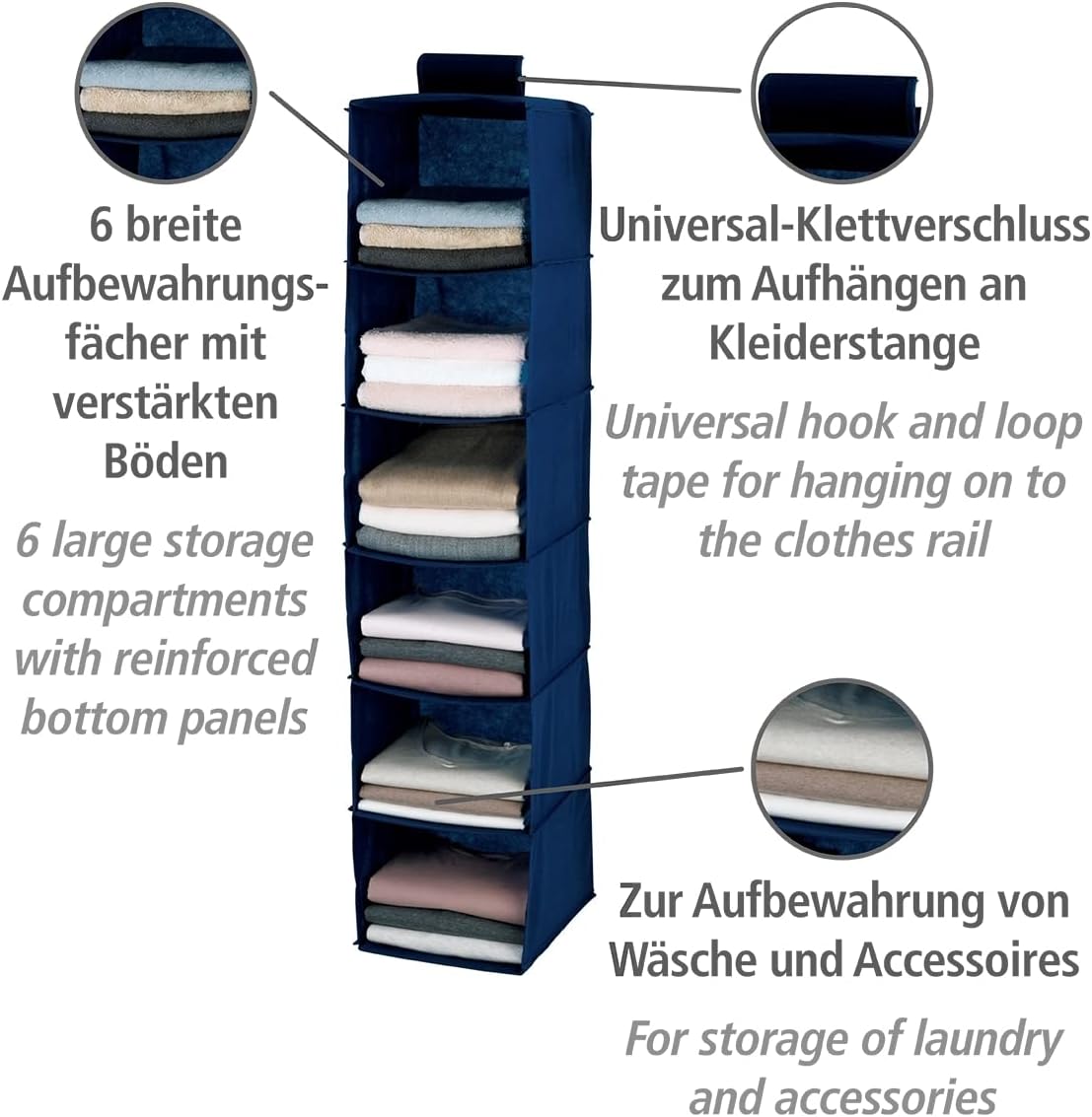 WENKO Trieur de linge Air, organiseur de placard avec 6 compartiments pour textiles, renforcé, larges étagères et fermeture velcro pour fixation sur la tringle à vêtements, matière polaire respirante, bleu marine