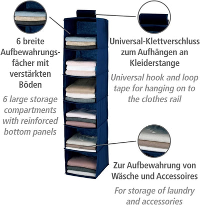 WENKO Trieur de linge Air, organiseur de placard avec 6 compartiments pour textiles, renforcé, larges étagères et fermeture velcro pour fixation sur la tringle à vêtements, matière polaire respirante, bleu marine