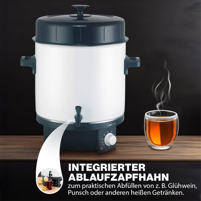 Clatronic® 2in1 Heißgetränke- & Einkochautomat mit 25L Tankinhalt | Einkochtopf für z.B. Glühwein oder Punsch | Glühweinkocher mit Emaillierung & integriertem Ablaufzapfhahn | 1800W | EKA 3338