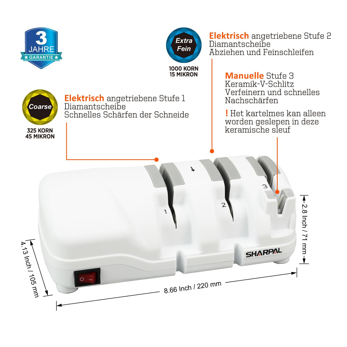 SHARPAL 198H Elektrischer Messerschärfer, 2-Stufen Diamant schärfsystem (325/1000 Körnung) & Keramik Schlitz für Doppelter Klinge Messer & Wellenschliff, Schnelle Rasiermesser-scharfe Ergebnisse