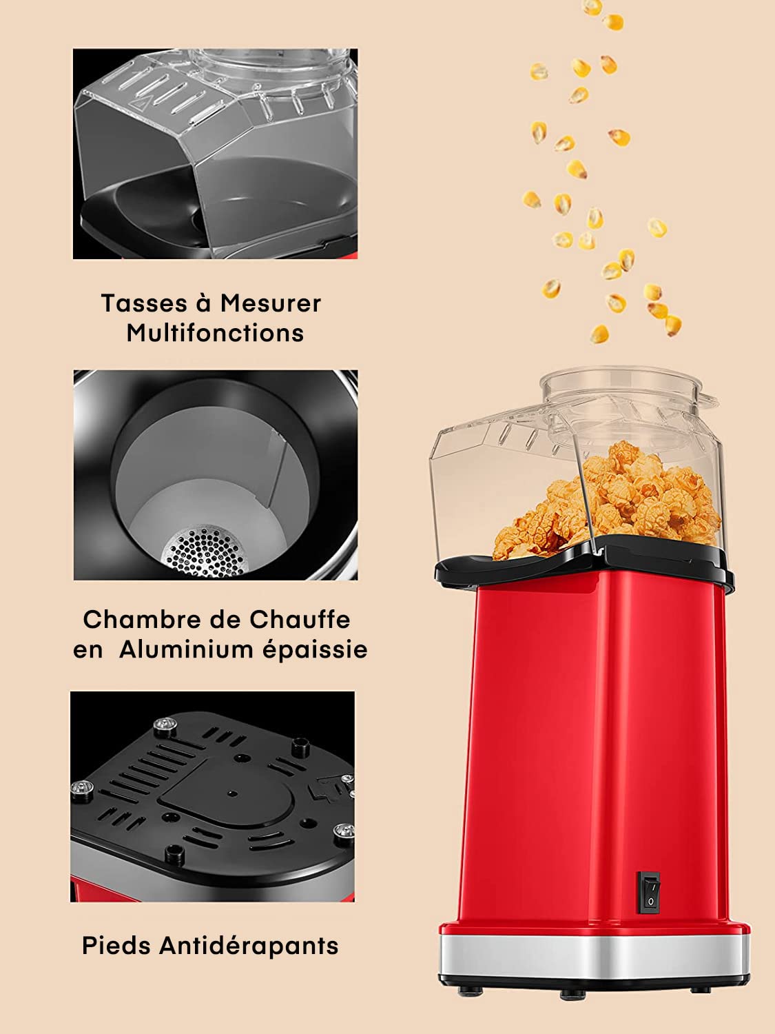 FOHERE® Popcornmaschine-1400W Süßes Popcorn Maker-Pops In 2 Minuten-17 Tassen-Für 4-6 Personen-Aluminium-Antihaft-Innentopf-öLfreier-Fettarmer Snack-Hausgemacht-Einzigartiges Design