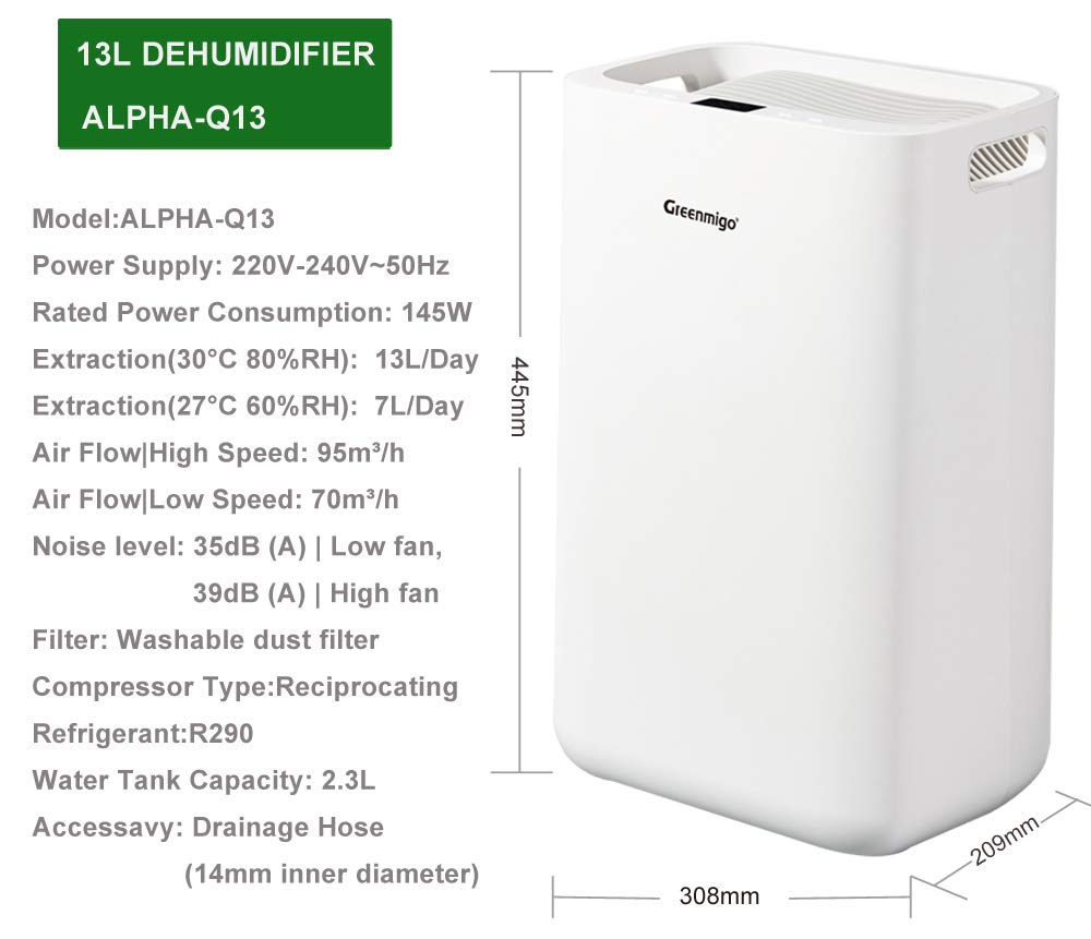 Greenmigo Luftentfeuchter 13L/24h Elektrischer Entfeuchter Entfeuchtungsleistung Raumgröße max.50m²,Raumentfeuchter Leise Luftreiniger für Schrank,Wohnung,Keller etc.-Gegen Feuchtigkeit,Schimmel