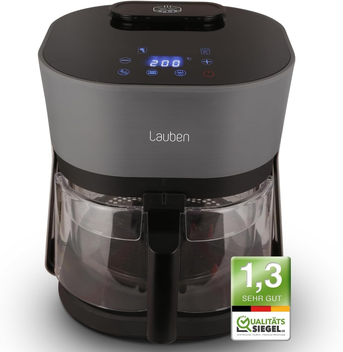 Lauben Glass&Steam Heißluftfritteuse 4500BG Air Fryer mit Glasfrittierkorb, Dampffunktion, 8 Programme, manuelle Zeit- und Temperatureinstellung, spülmaschinenfester Korb, Behältervolumen 4,5l